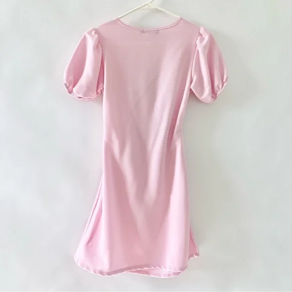 NWT PrettyLittleThing Baby Pink Puff Sleeve Cut Out Tie Sweatshirt Mini Dress 0 - Picture 3 of 12